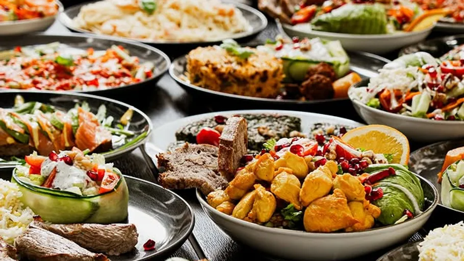 Assorted dishes with vibrant salads on plates.