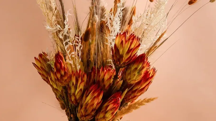 Dried flowers arranged in a bouquet.