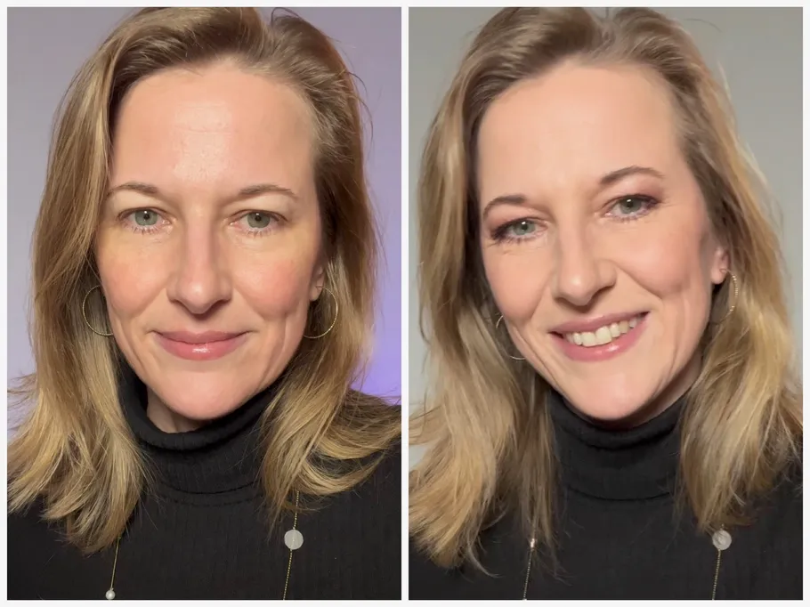 Frau lächelt, vor und nach Schminke.