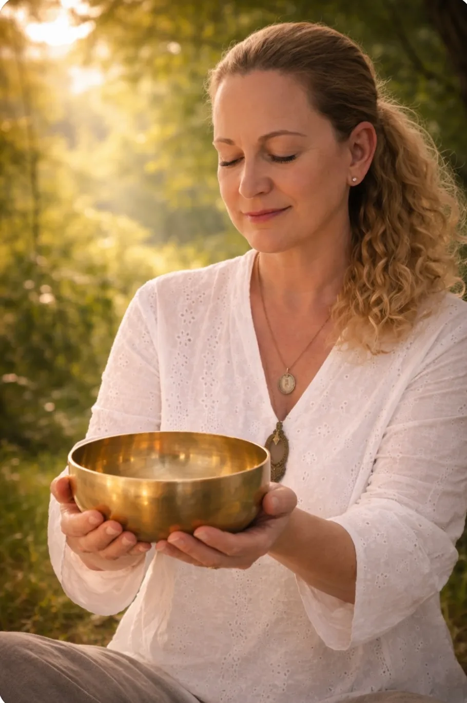 Woman holding brass bowl in nature setting.