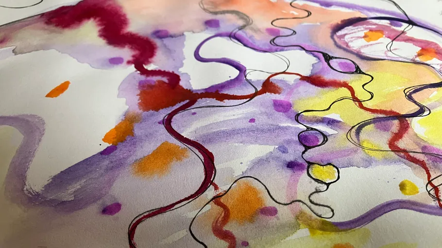 Abstract painting with colorful swirling lines.