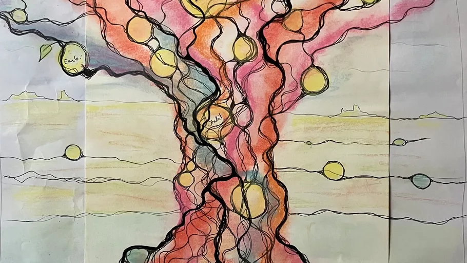 Farbenfroher abstrakter Baum mit runden Formen.