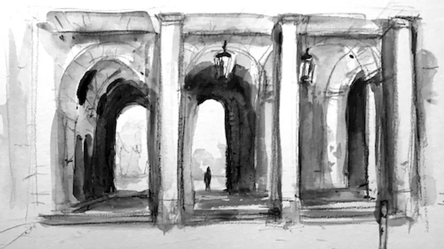 Architectural archways sketch with lone figure.