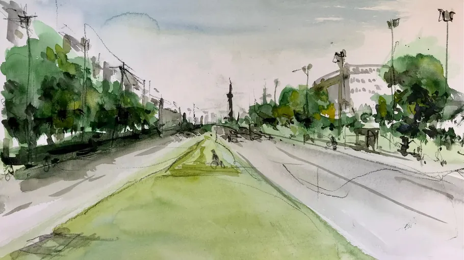 Watercolor painting of a wide urban boulevard.