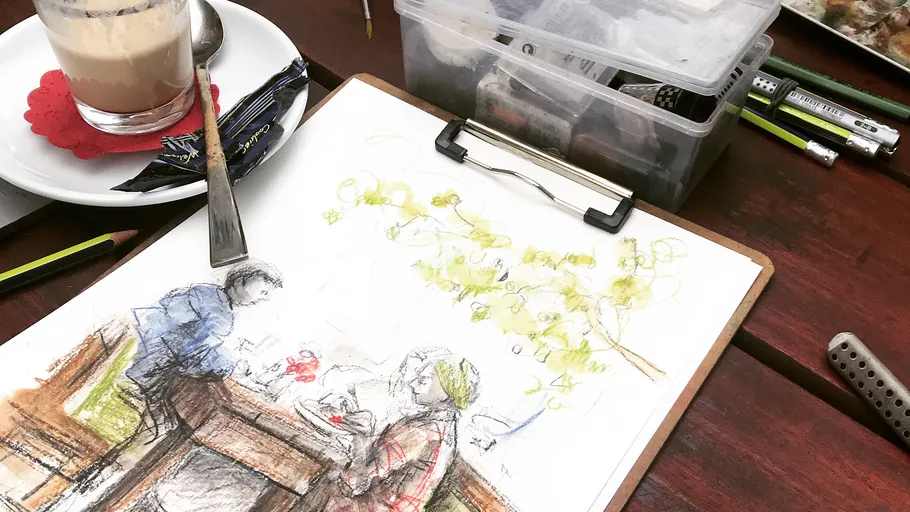 Sketch of two people in cafe setting.