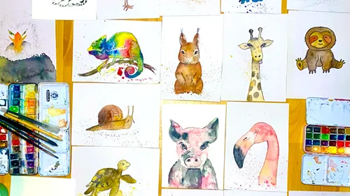 Aquarell-Tiermalereien mit Kunstbedarf.
