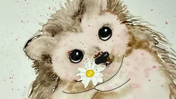 Niedlicher Igel hält Gänseblümchen, Aquarellmalerei.