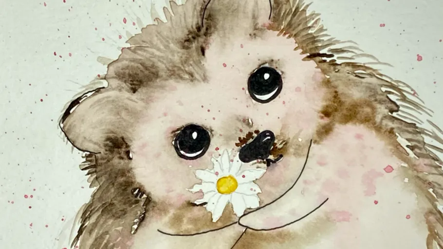 Cute hedgehog holds a daisy flower, watercolor painting.