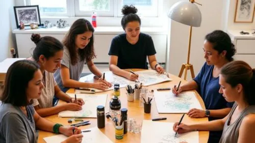 Six people drawing at a table, studio setting.