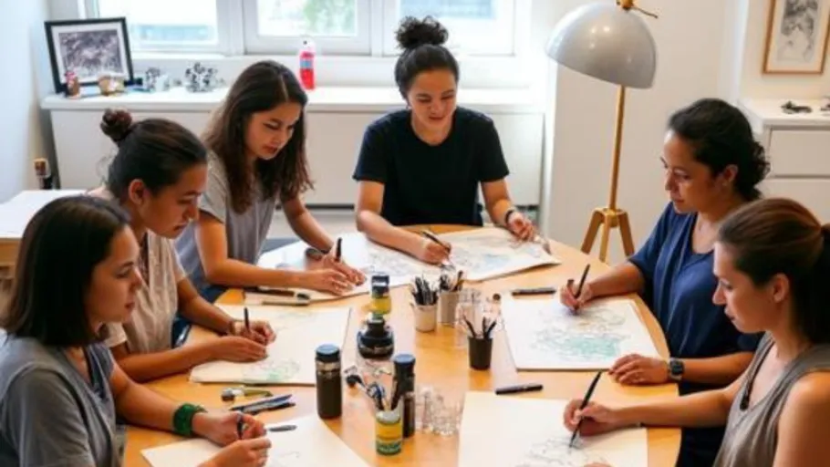 Sechs Personen zeichnen an einem Tisch, Atelierumgebung.