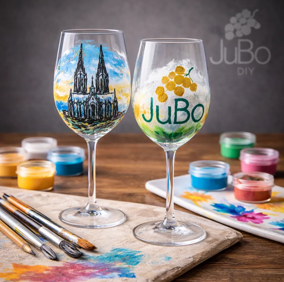Painted wine glasses with art supplies on table.