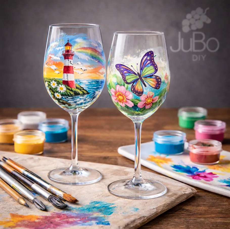 Painted wine glasses with brushes and paints.