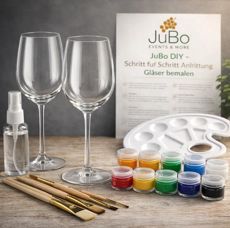 Paint set with glasses, brushes, and instructions.