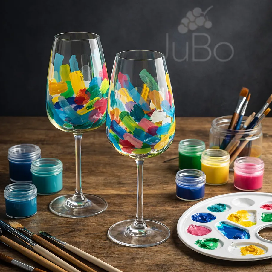 Painted wine glasses with art supplies.