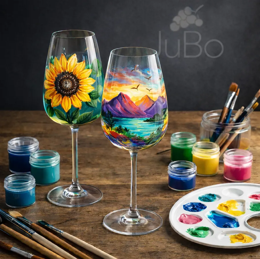 Bemalte Weingläser mit Pinseln auf Holztisch.