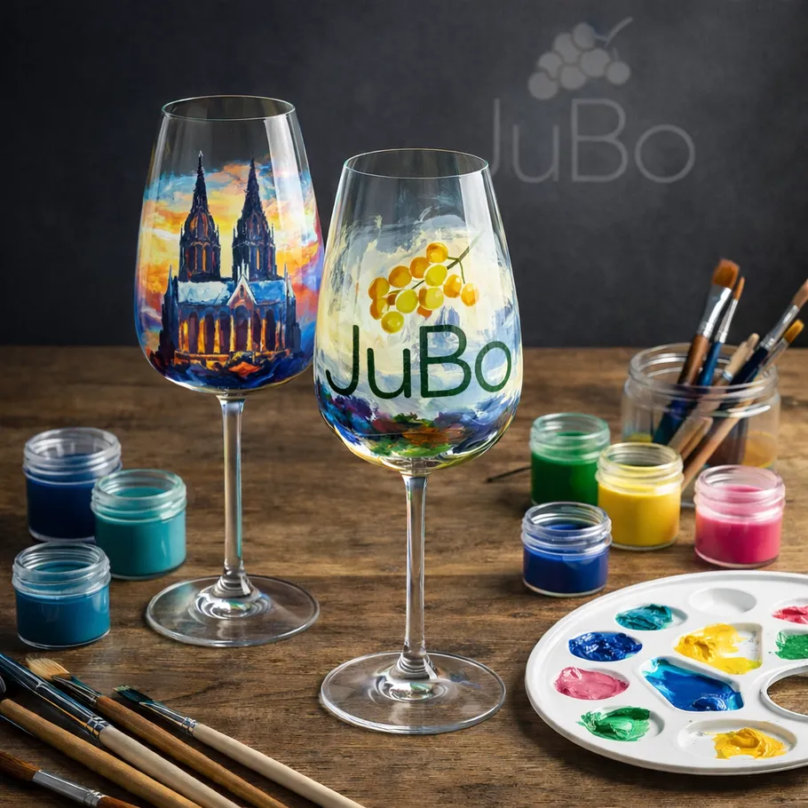 Painted wine glasses with art supplies nearby.