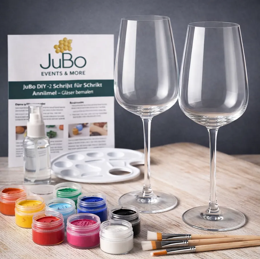 Painting set with wine glasses on table.