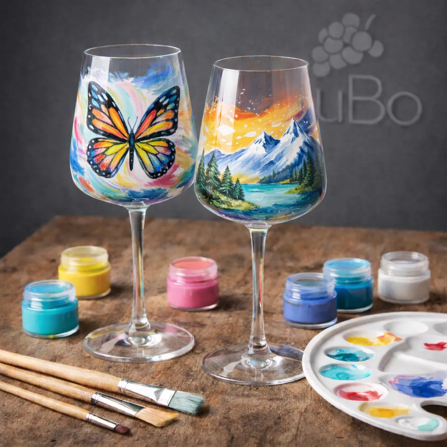 Painted wine glasses with butterfly, mountain designs.