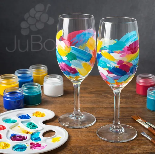 Painted wine glasses with colorful brushstrokes.
