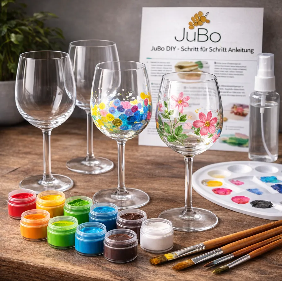 Wine glasses painted with colorful floral designs.