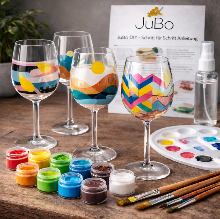 Bemalte Weingläser mit Farben und Pinseln.