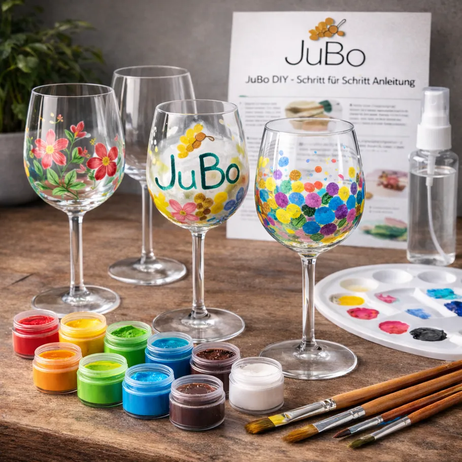 Decorated wine glasses with paints and brushes.