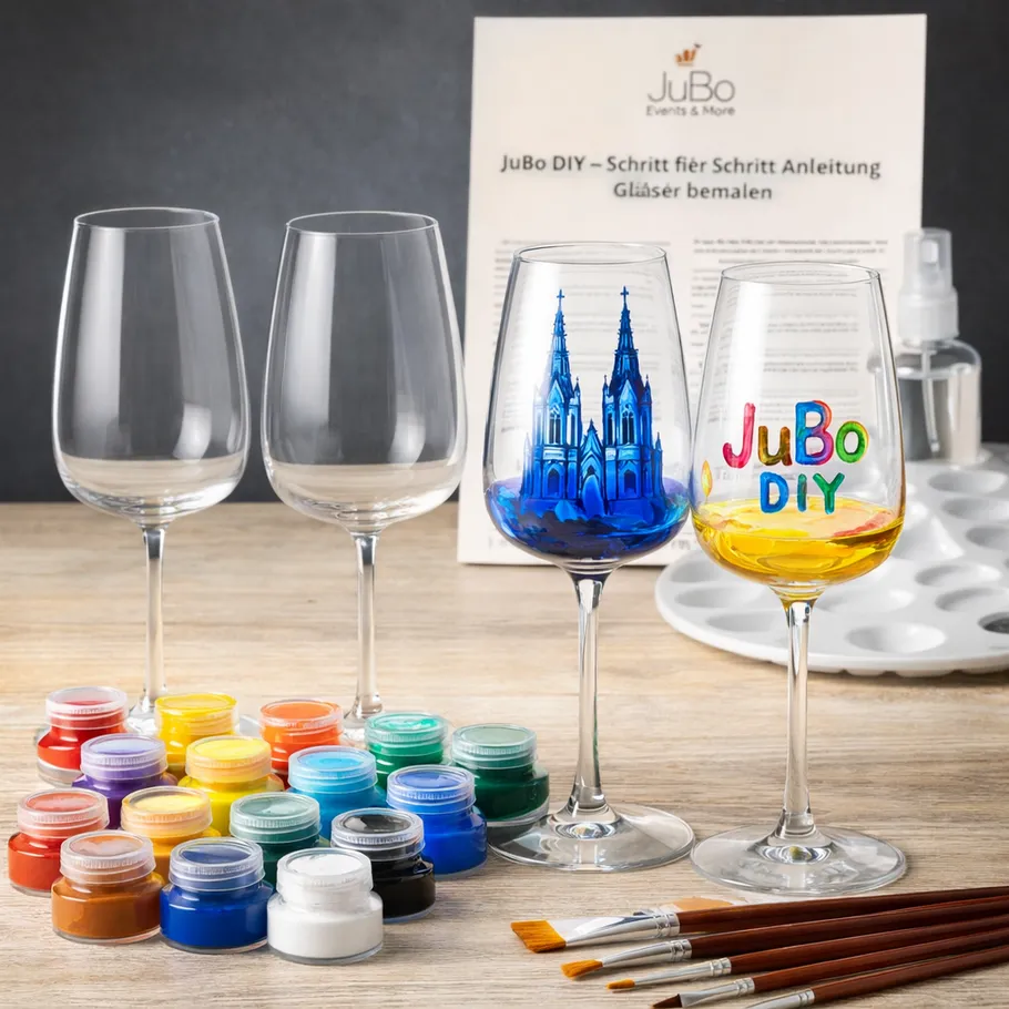 Painted glasses and paint jars on table.