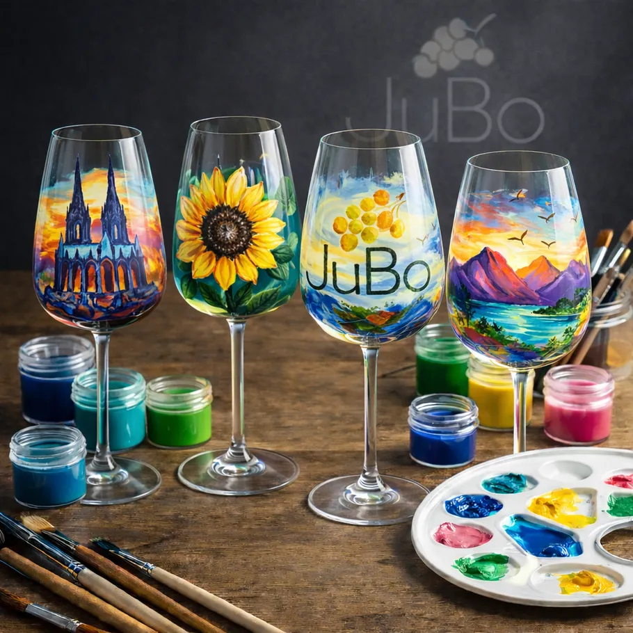 Painted wine glasses with colorful landscapes indoors.