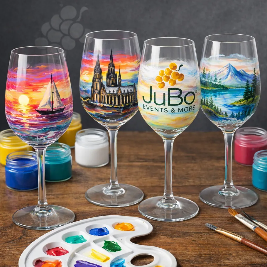 Painted wine glasses with artistic landscapes.