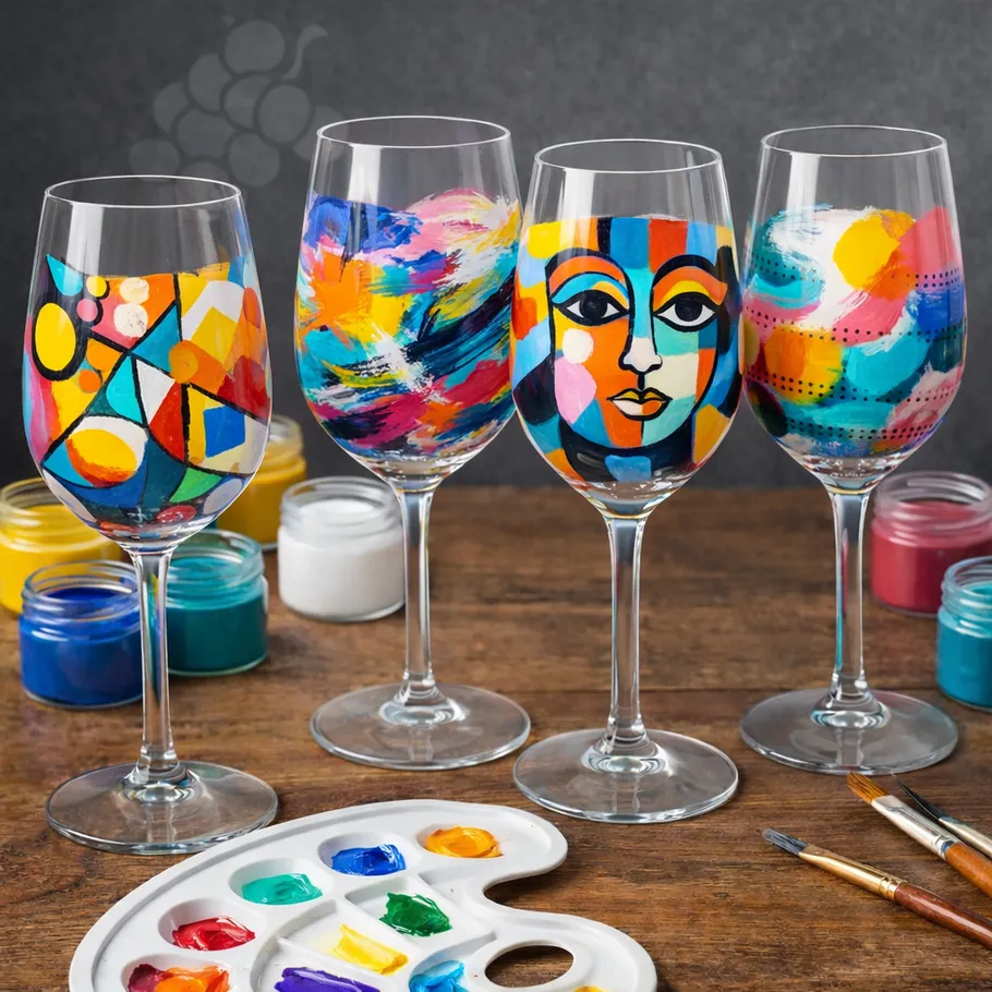 Four painted wine glasses on wooden table.