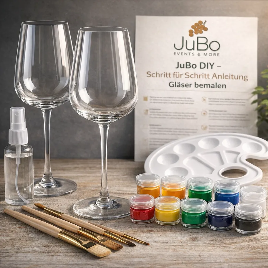 Wine glasses with painting kit on a table.