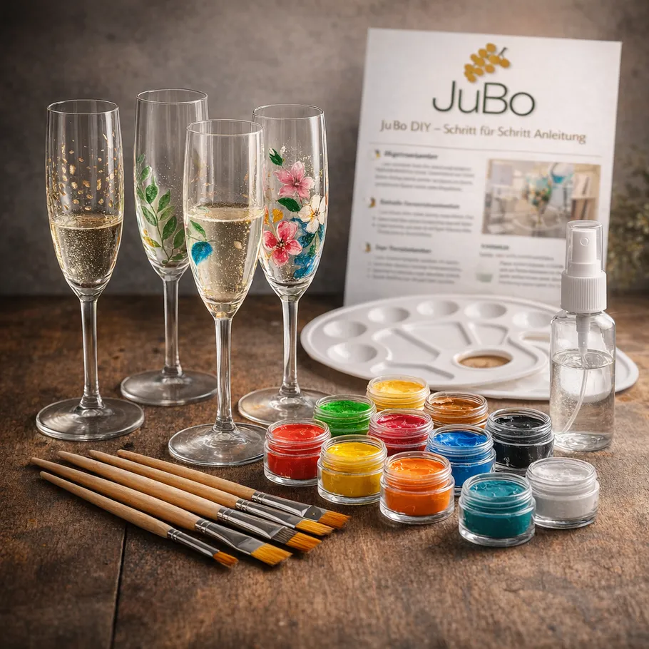 Painted glasses with brushes and paints displayed.