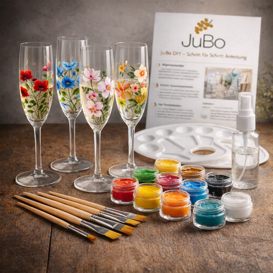 Painted glasses with art supplies on table.