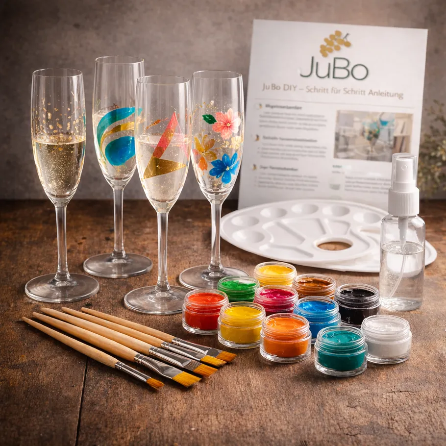 Bemalte Gläser mit Kunstbedarf auf Tisch.