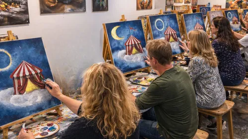 People painting circus tents on canvases.