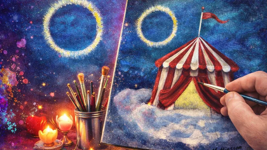Hand painting circus tent in cosmic scene.