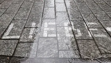 Pavement with "Liebe" reflected in water.