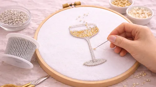 Hand bead-embroiders wine glass on fabric.