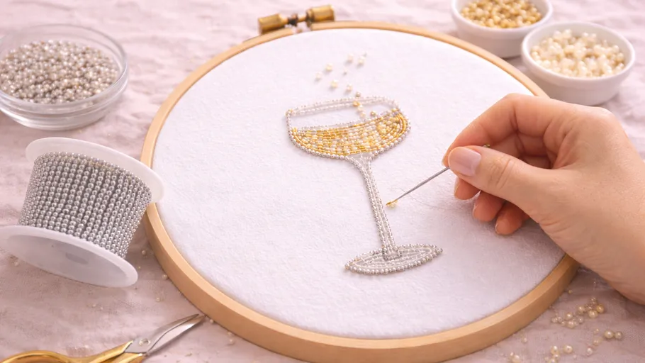 Hand bead-embroiders wine glass on fabric.
