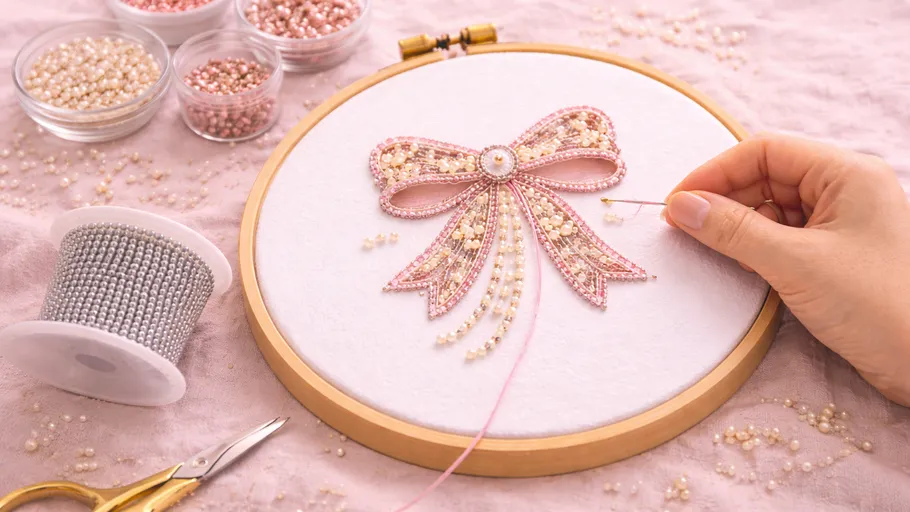 Hand stickt Perlenbogen auf Stoffrahmen.