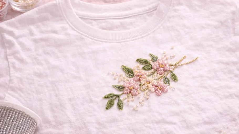 White shirt with floral beaded embroidery.