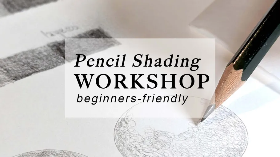 Pencil draws on shaded paper, workshop advertisement.