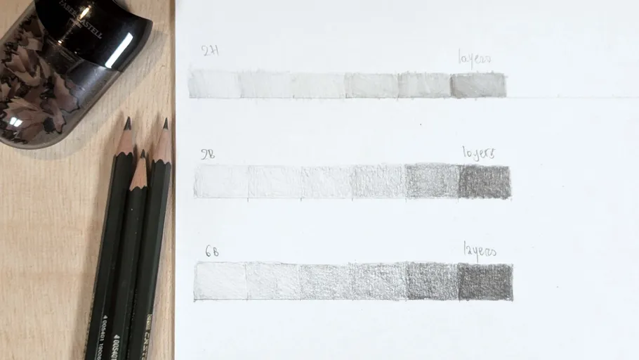Pencils and shading scale on paper.