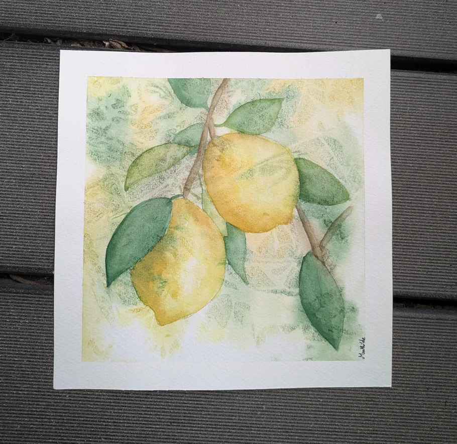 Lemon painting on wooden floor.