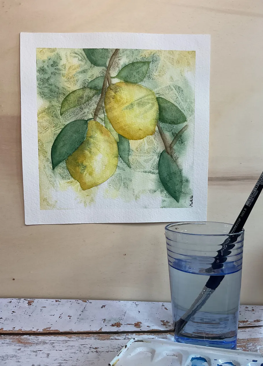 Aquarellmalerei von Zitronen an einem Ast.