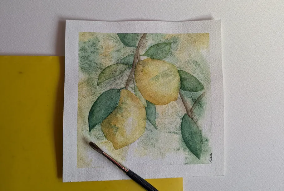 Aquarell-Zitronenbild mit einem Pinsel.