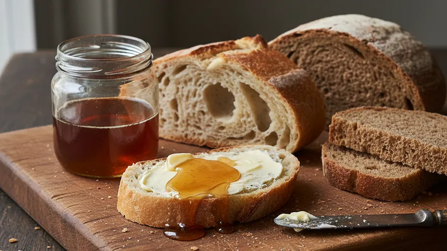 Sliced bread with honey and butter on board.