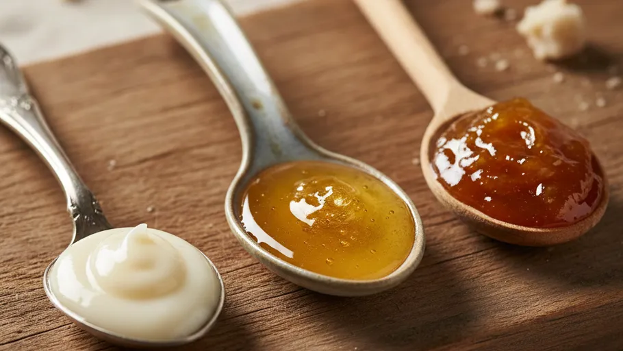 Three spoons with different sauces on table.