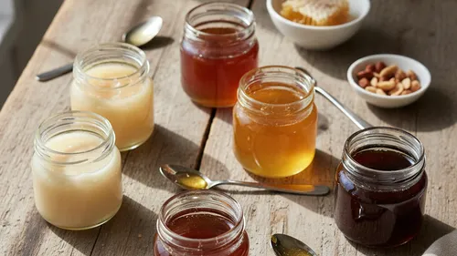Jars of honey on a wooden table.