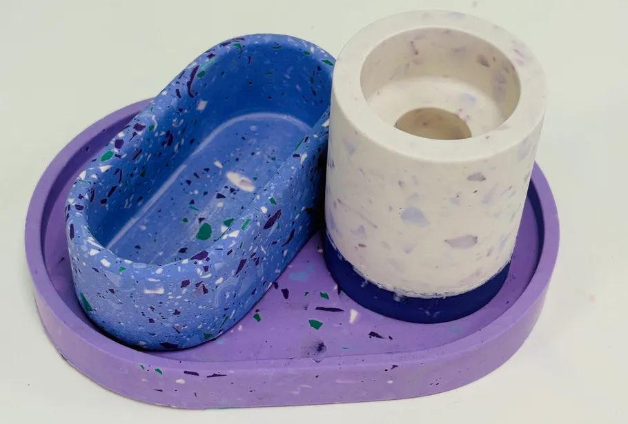 Colorful organizer with terrazzo pattern, white background.